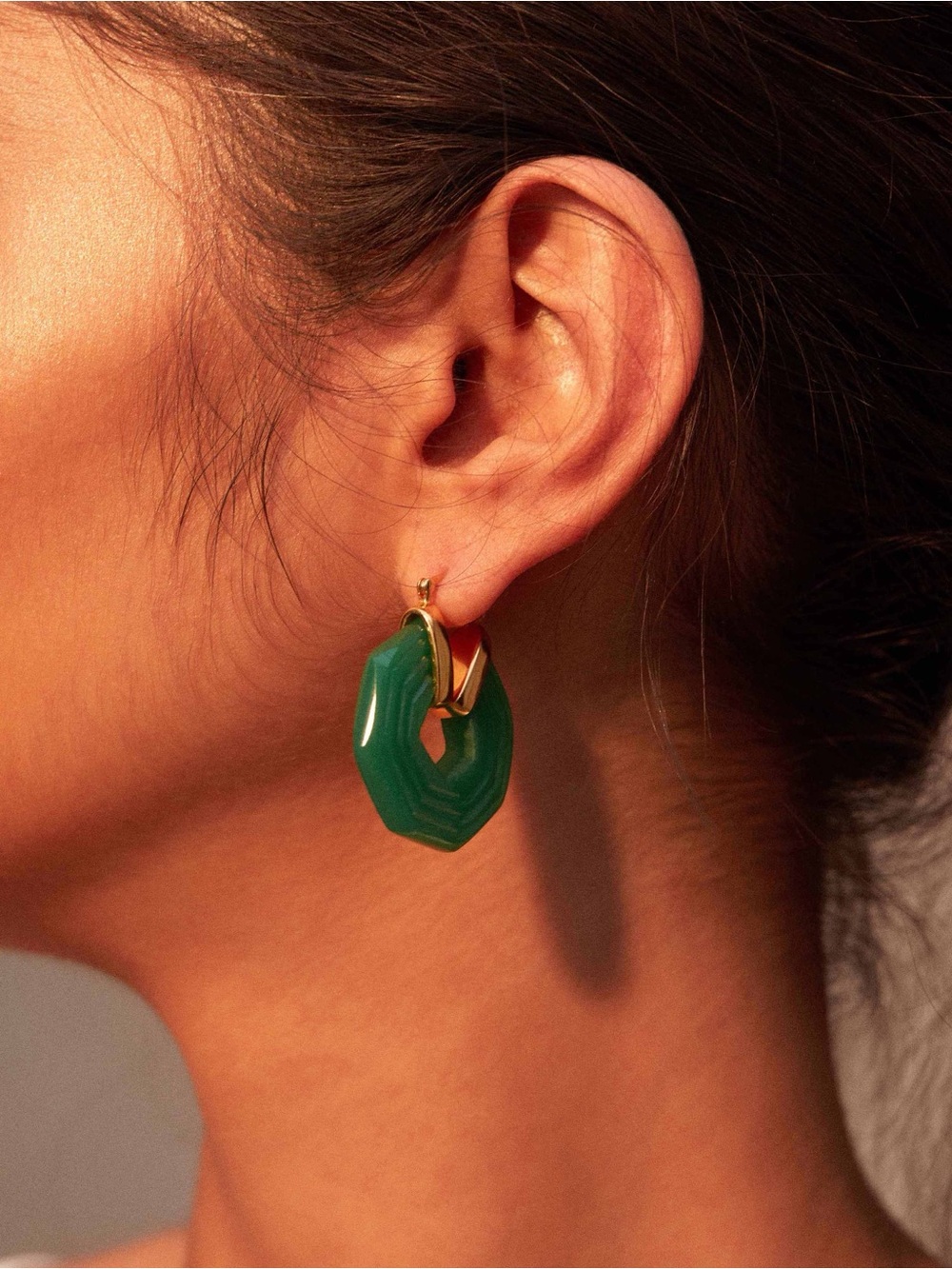 Evereve Gold Hoop Earrings with Green Stone Pendant